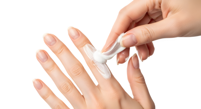 Close up of woman applying moisturizing lotion to her hands for beauty and skincare isolated PNG with Transparent Background