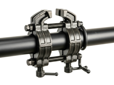 Double screw vise clamp secured on a black metal pipe on a transparent background