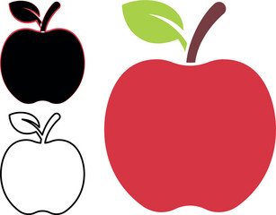 Red apple vector illustration featuring a fresh, sweet, and juicy fruit icon with a green leaf on a white background, symbolizing healthy food and organic diet
