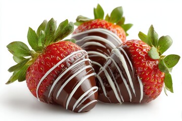 Three chocolate-dipped strawberries with white chocolate drizzle against white. Perfect image for blogs, food magazines or holiday themes.