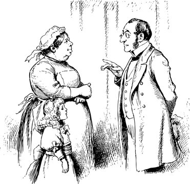 Lady standing with a handkerchief, waving goodbye Monochrome Vintage line drawing from the1890s, representing the culture and fashion of the times.