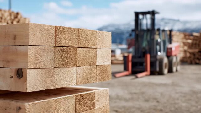 235Close-up of stacked wooden planks on sunny site, grain and knots visible