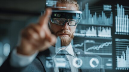Businessman Using Augmented Reality Glasses to Analyze Data and Graphs in a Modern Office Environment