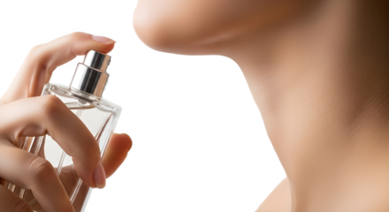 Woman applying fragrance spray on her neck, showcasing personal beauty routine and luxury product use. isolated PNG with Transparent Background