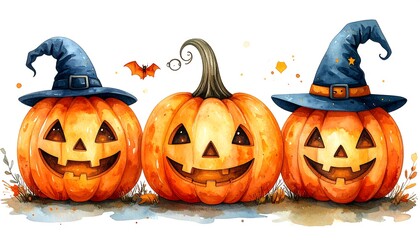 Three smiling jack-o'-lanterns wearing hats, with a bat illustration, in watercolor style against a white background