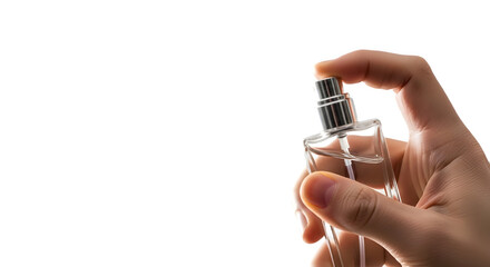 Human hand holding clear luxury fragrance bottle and pressing the spray atomizer pump isolated PNG with Transparent Background
