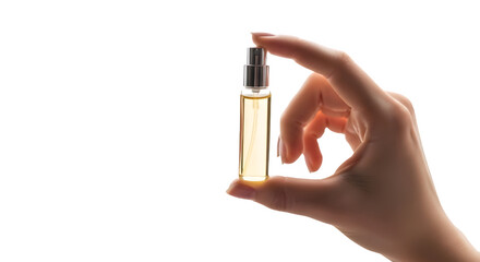 Woman's hand holding a small perfume sample spray vial for beauty and luxury fragrance advertising. isolated PNG with Transparent Background