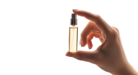 Woman's hand holding a small perfume sample spray vial for beauty and luxury fragrance advertising. isolated PNG with Transparent Background