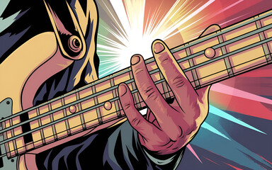 Highly detailed vivid illustration of a bassist playing energetic melodic chords in a concert setting with colorful lights surreal shading and classic rock atmosphere
