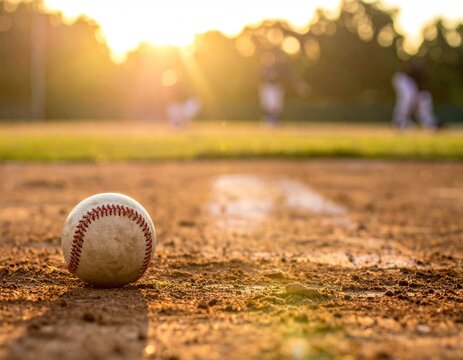 Close-up of baseball on a field at sunset, players blurred
