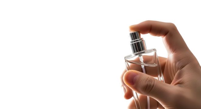 Human hand holding clear luxury fragrance bottle and pressing the spray atomizer pump isolated PNG with Transparent Background