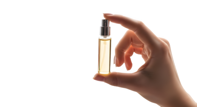 Woman's hand holding a small perfume sample spray vial for beauty and luxury fragrance advertising. isolated PNG with Transparent Background