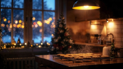 Warm kitchen scene featuring freshly baked cookies cooling on a wooden countertop, illuminated by soft lighting, with a festive atmosphere and holiday decorations in the background