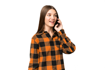 Teenager girl over isolated chroma key background keeping a conversation with the mobile phone