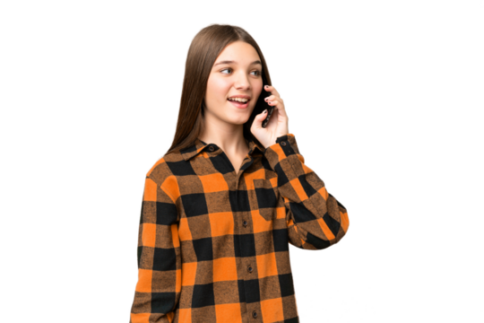 Teenager girl over isolated chroma key background keeping a conversation with the mobile phone - Powered by Adobe