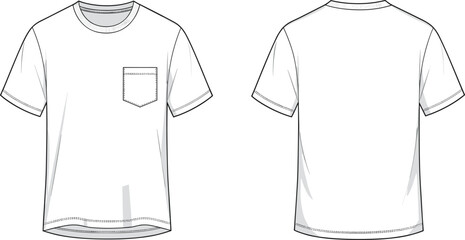Basic white t-shirt technical sketch front and back view with chest pocket for fashion design, apparel template, CAD drawing flat vector illustration.