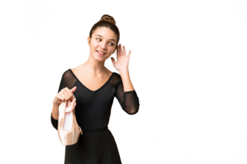 Teenager girl practicing ballet over isolated chroma key background listening to something by putting hand on the ear