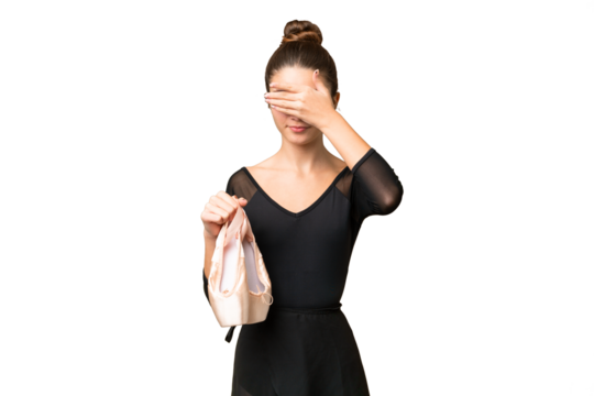 Teenager girl practicing ballet over isolated chroma key background covering eyes by hands. Do not want to see something