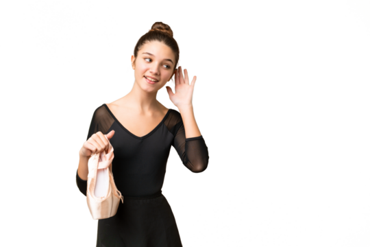 Teenager girl practicing ballet over isolated chroma key background listening to something by putting hand on the ear - Powered by Adobe