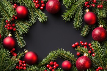 Christmas wreaths, red ornaments, and fir branches on a black background; blank text area
