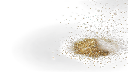 Glittering gold confetti heap with sparkling highlights, isolated on white background, perfect for party, celebration, or festive decor themes