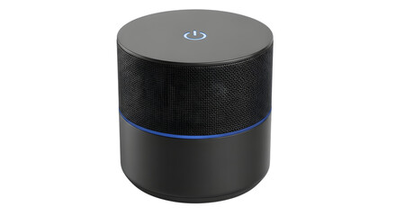 a sleek black smart speaker with glowing blue light indicators