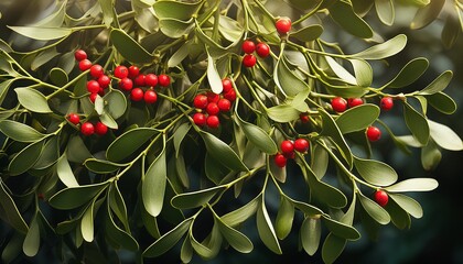 Mistletoe Bush Leaves And Red Berries Christmas Plant