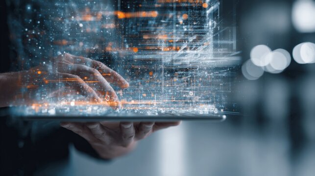 Futuristic technology interface with hands interacting with digital data visualization on tablet device in modern environment - Powered by Adobe