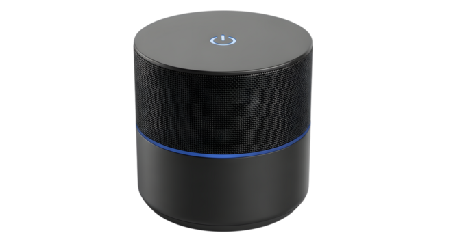 a sleek black smart speaker with glowing blue light indicators
