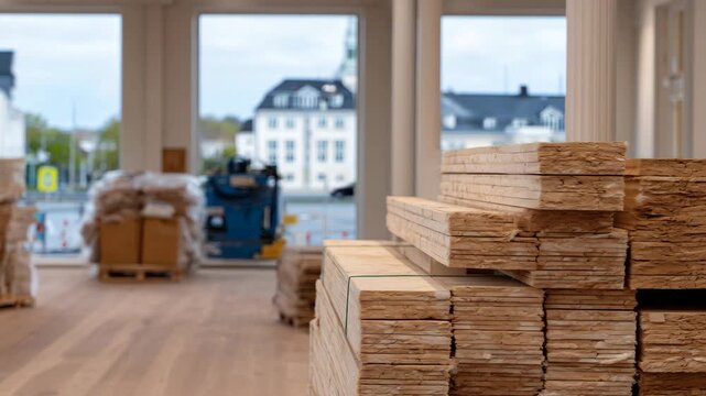 256Indoor construction site with wooden flooring boards stacked, cloudy daylight from windows