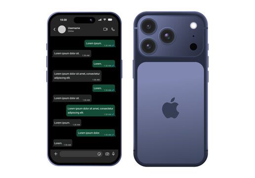 iPhone 17 mockup with WhatsApp chat interface UI design, smartphone front and back view, mobile messaging app screen, chat layout template, modern iOS device, realistic digital phone display