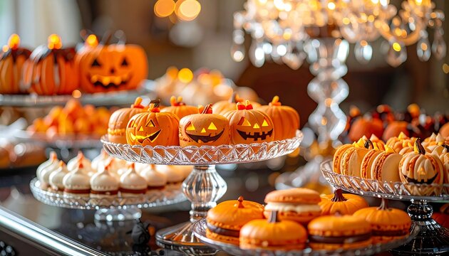 Table overflowing with Halloween themed sweets, including pumpkin shaped cakes, macarons and other desserts - Powered by Adobe
