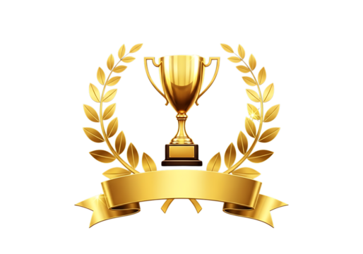 Golden trophy with laurel wreath and banner on black background