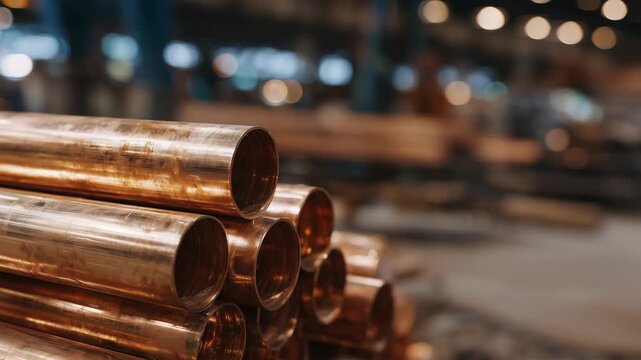 262Indoor construction site with stacked copper and steel pipes, diffuse light highlighting metallic sheen