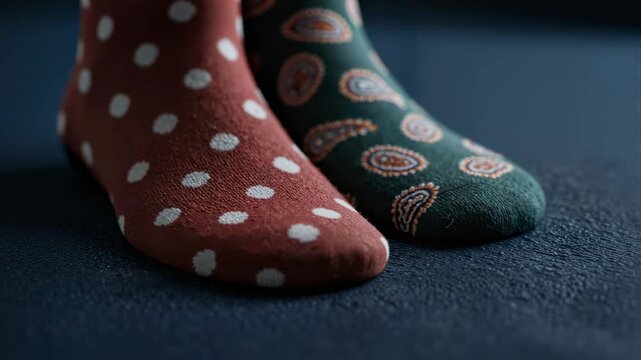 Colorful socks with polka dots and patterns on blue background  