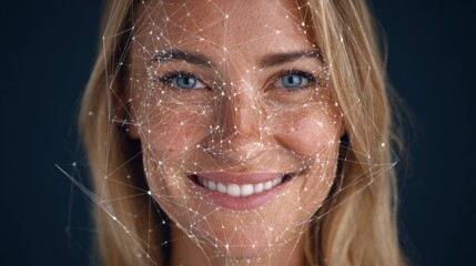 Close-up Portrait of a Young Woman with Abstract Digital Network Overlay Representing Technology and Connectivity