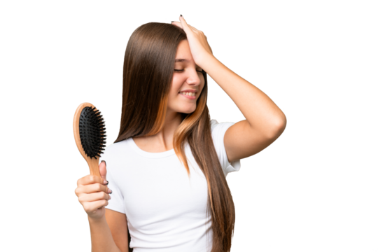 Teenager caucasian girl with hair comb over isolated background has realized something and intending the solution