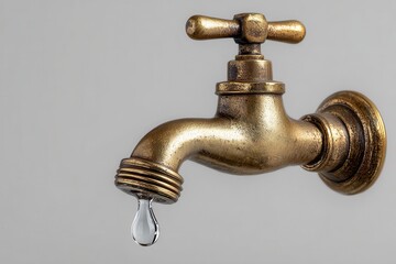An antique brass faucet has a clear drop of water falling downward. Use to illustrate conservation, plumbing, or vintage design concepts.