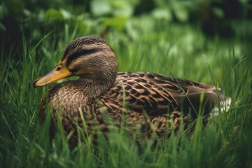 Mallard duck rests comfortably in the vibrant green grass on a sunny day
