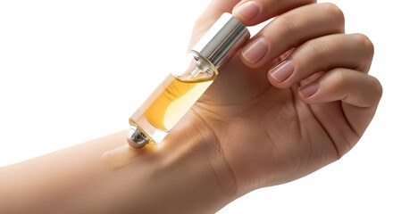 Woman applying natural essential oil perfume using rollerball applicator on the wrist skin. isolated PNG with Transparent Background