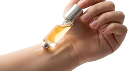 Woman applying natural essential oil perfume using rollerball applicator on the wrist skin. isolated PNG with Transparent Background
