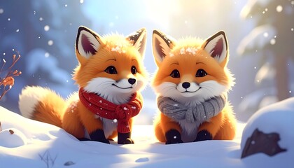 Two cartoon foxes with scarves stand side-by-side in snow on a winter day surrounded by trees, soft focus background