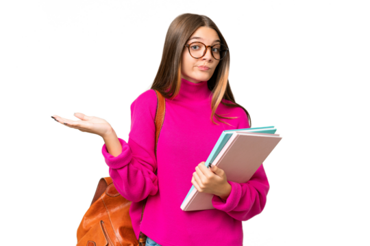 Teenager student caucasian girl over isolated background having doubts while raising hands