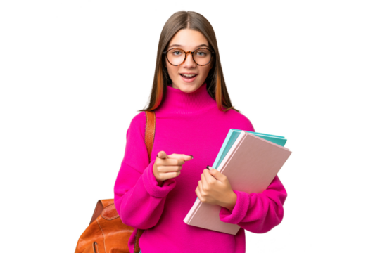 Teenager student caucasian girl over isolated background surprised and pointing front