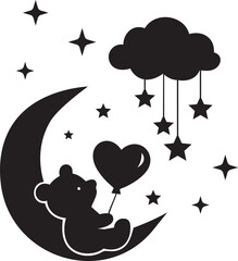 Baby Bear on Moon with Stars and Cloud Mobile Silhouette Vector
