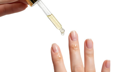 Woman applying natural beauty serum or nourishing oil to bare nails and cuticles. isolated PNG with Transparent Background