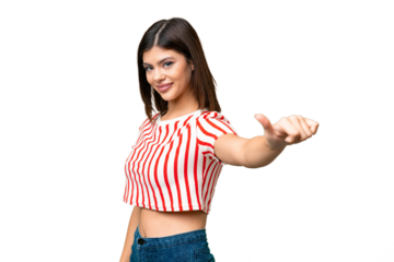 Young Russian woman over isolated chroma key background giving a thumbs up gesture
