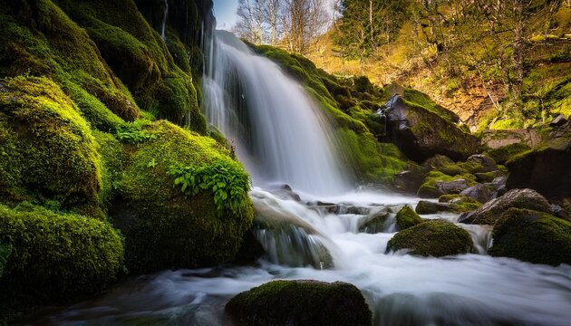 Mountain Waterfall With Wild Water Rushing Over Rocks And Green Moss Perfect For Nature And Outdoor Photography