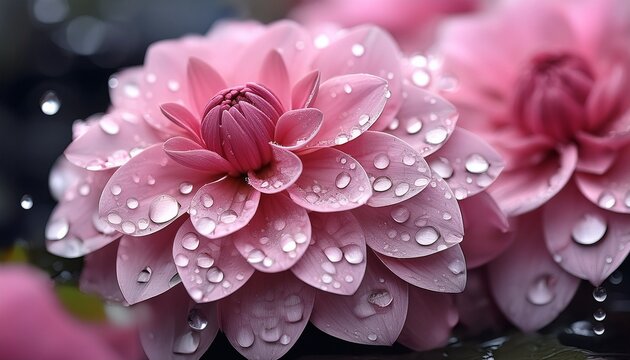 Raindrops Delicately Rest On Vibrant Pink Petals In A Tranquil Scene