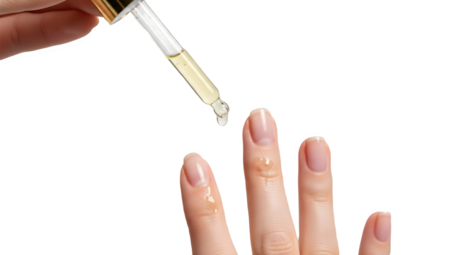 Woman applying natural beauty serum or nourishing oil to bare nails and cuticles. isolated PNG with Transparent Background
